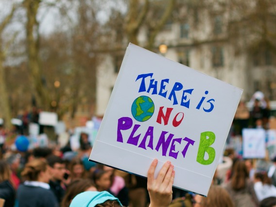 Crowd of people with a person holding a sign that reads "There is no Planet B"