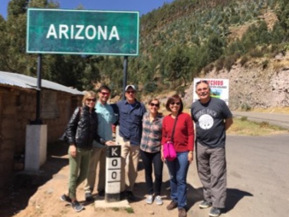UA Researchers at the entrance to the town of Arizona, Peru, an hour south of Ayacucho (from L to R, Andrea Gerlak, Adam Henry, Christopher Scott, Emily Bell, Adriana Zuniga, Robert Varady). Photo by C. Staddon.
