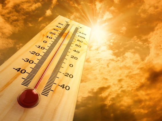A photo of a thermometer displaying high temperatures against an orange, sunlit sky.
