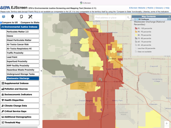 Screenshot of the EJIScreen map showing wastewater discharge distribution around metro Tucson.