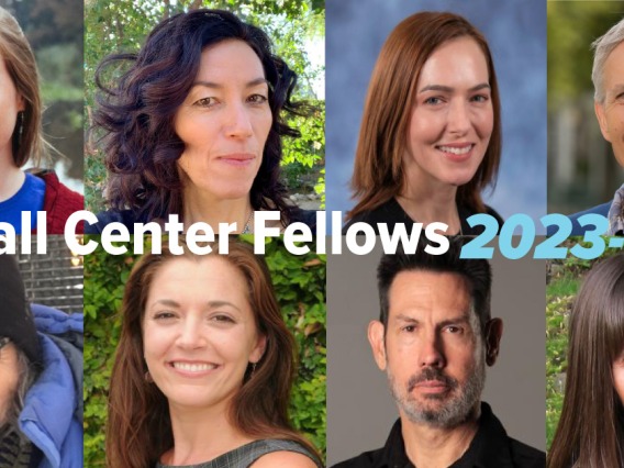 A four by two grid of square headshots of this year's Udall Center Fellows with the text "Udall Center Fellows 2023-24" in the center