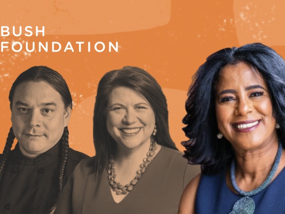 A screenshot from the Bush Foundation website shows portraits of three award winners against an orange background. The Bush Foundation logo appears in white in the top-left corner of the image.