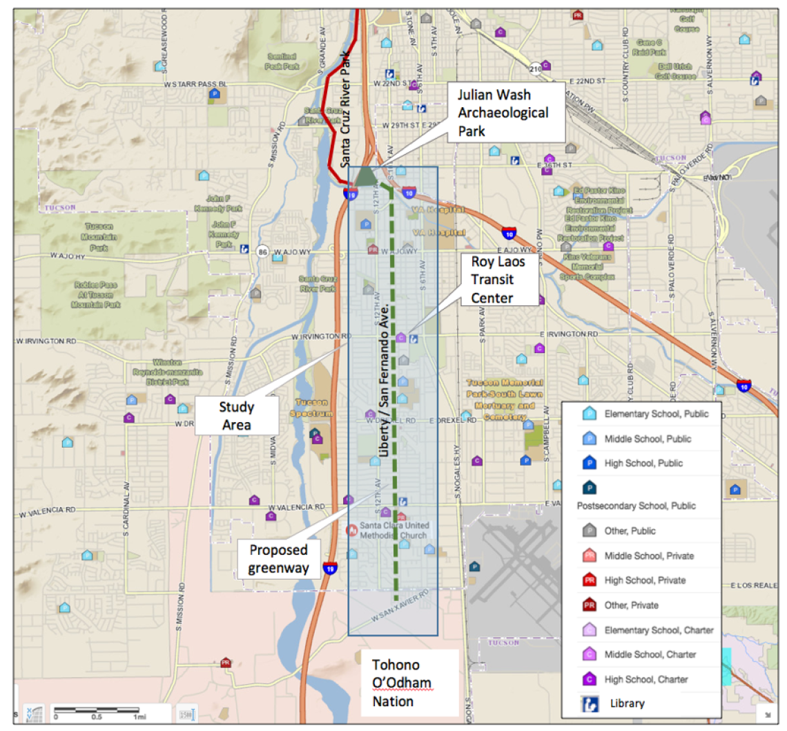 Proposed greenway and impact area that includes parks, schools, and other amenities (adapted from Pima County map). 