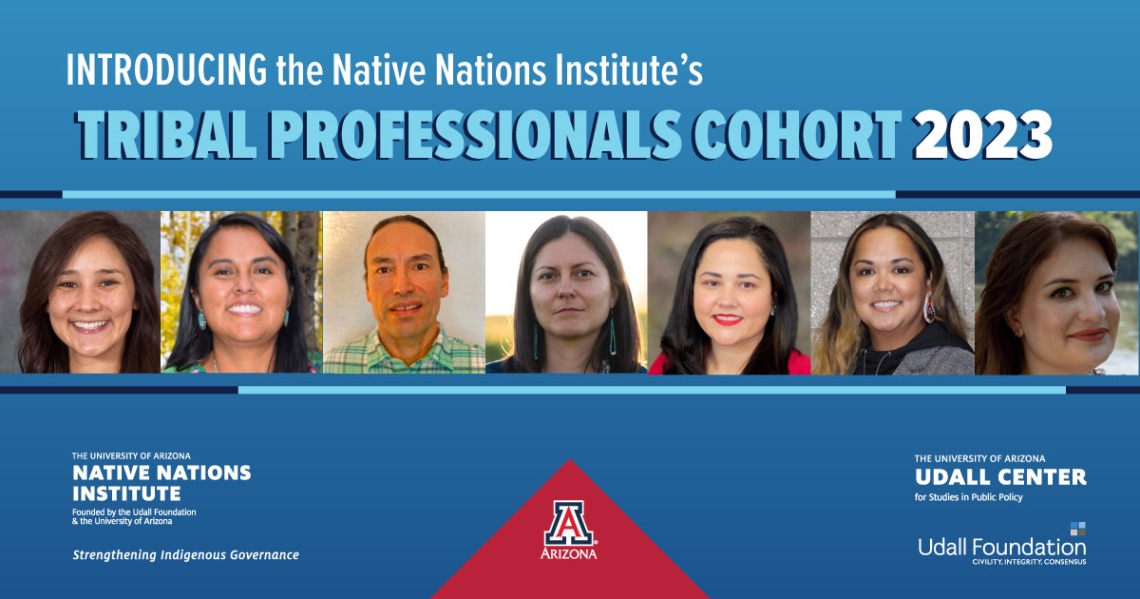 A graphic show the portraits of the seven new Tribal Professional Cohort members against a blue background