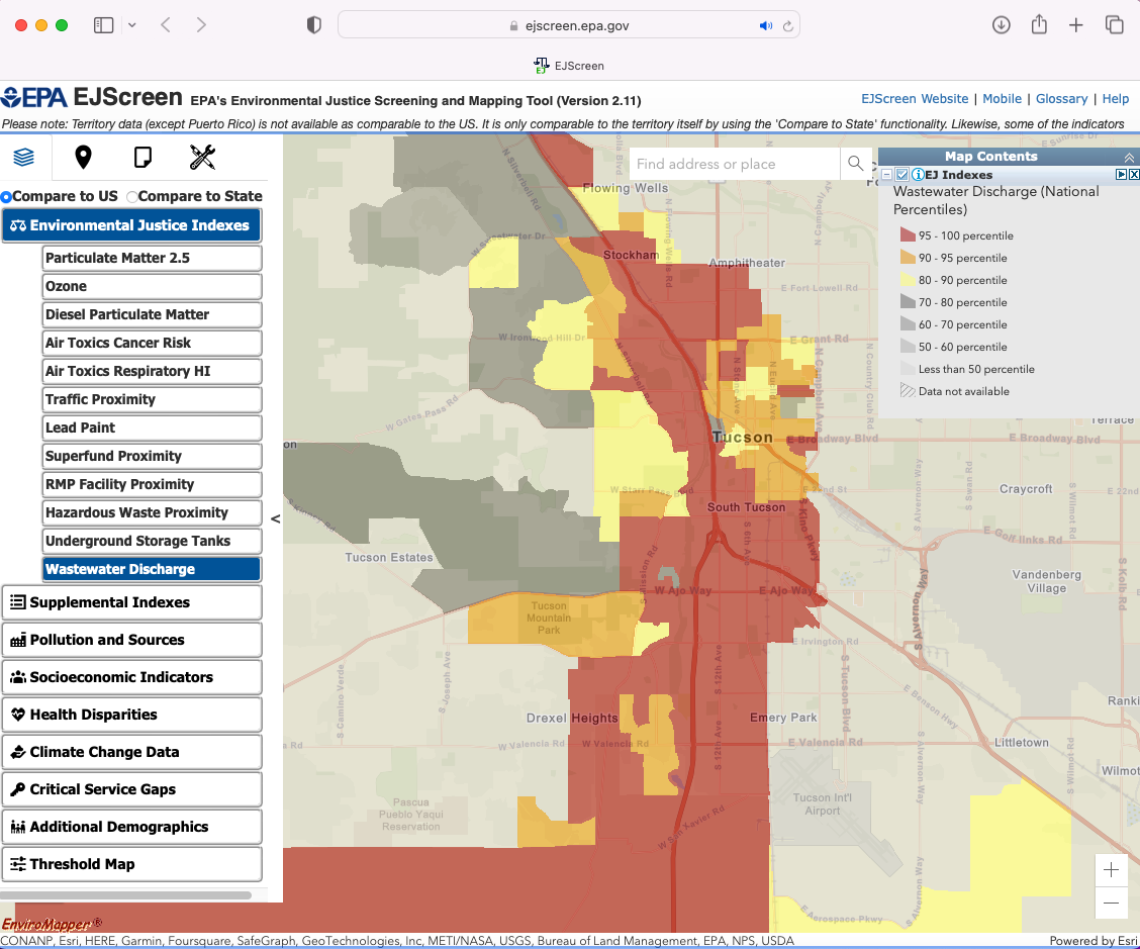 Screenshot of the EJIScreen map showing wastewater discharge distribution around metro Tucson.