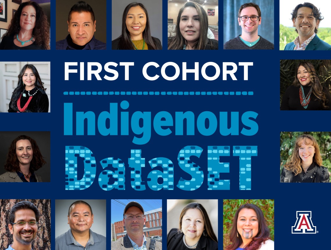 Portraits of all 15 selected scholars arranged around the perimeter of a dark blue rectangle. Text in the center reads "First Cohort Indigenous DataSET."