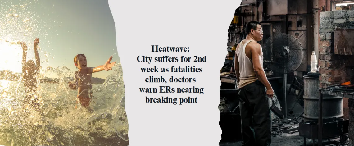 A split screen shows an image of children playing in water on the left and a man sweating a looking pensive on the right. Text placed between the images says 'Heatwave: City sufffers for 2nd week as fatalities climb, doctors warn ERs nearing breaking point'
