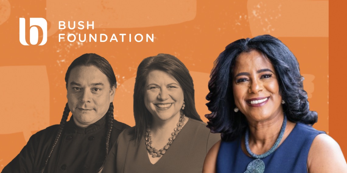 A screenshot from the Bush Foundation website shows portraits of three award winners against an orange background. The Bush Foundation logo appears in white in the top-left corner of the image.