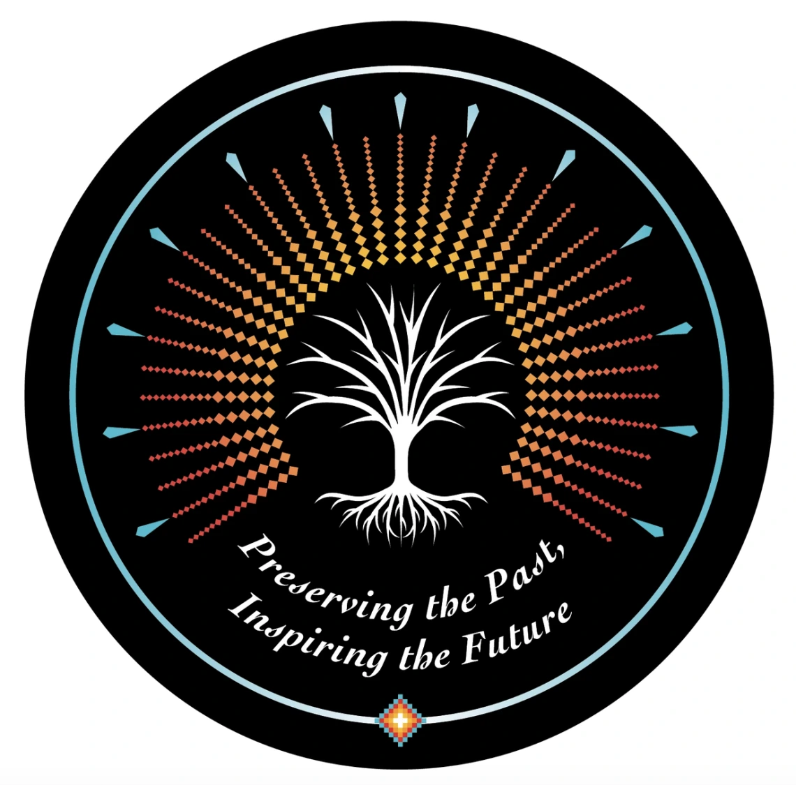 Round black logo with a white tree in the center and Indigenous design radiating out. White text at the bottom reads "Preserving the Past, Inspiring the Future."
