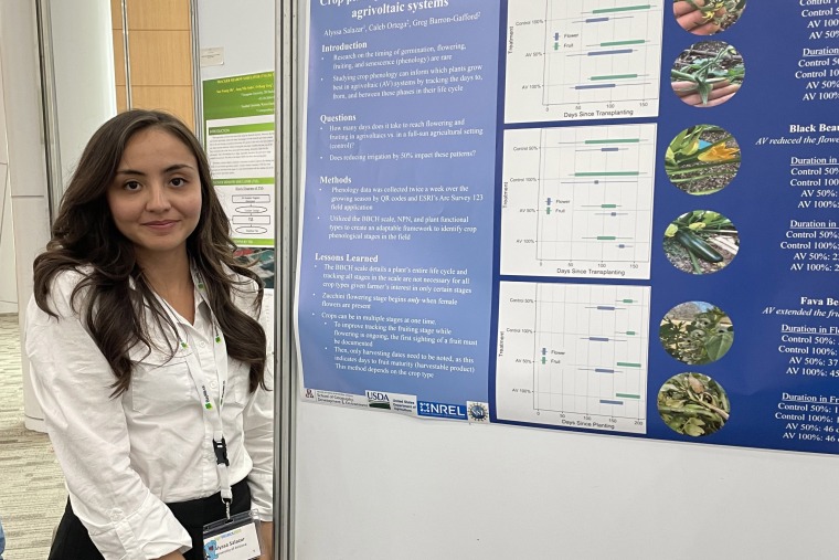 Alyssa Salazar poses next to her poster at the agrivoltaics conference.
