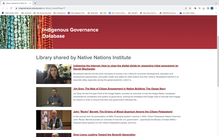 A screenshot of a custom video library NNI made in the Indigenous Governance Database to share on Indigenous Peoples' Day 2023.