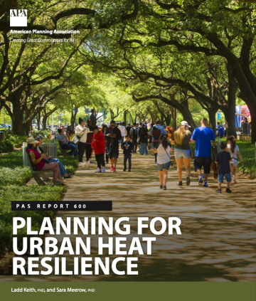 Cover of the APA Planning for Urban Heat Resilience document featuring people walking along a crowded tree-lined walkway